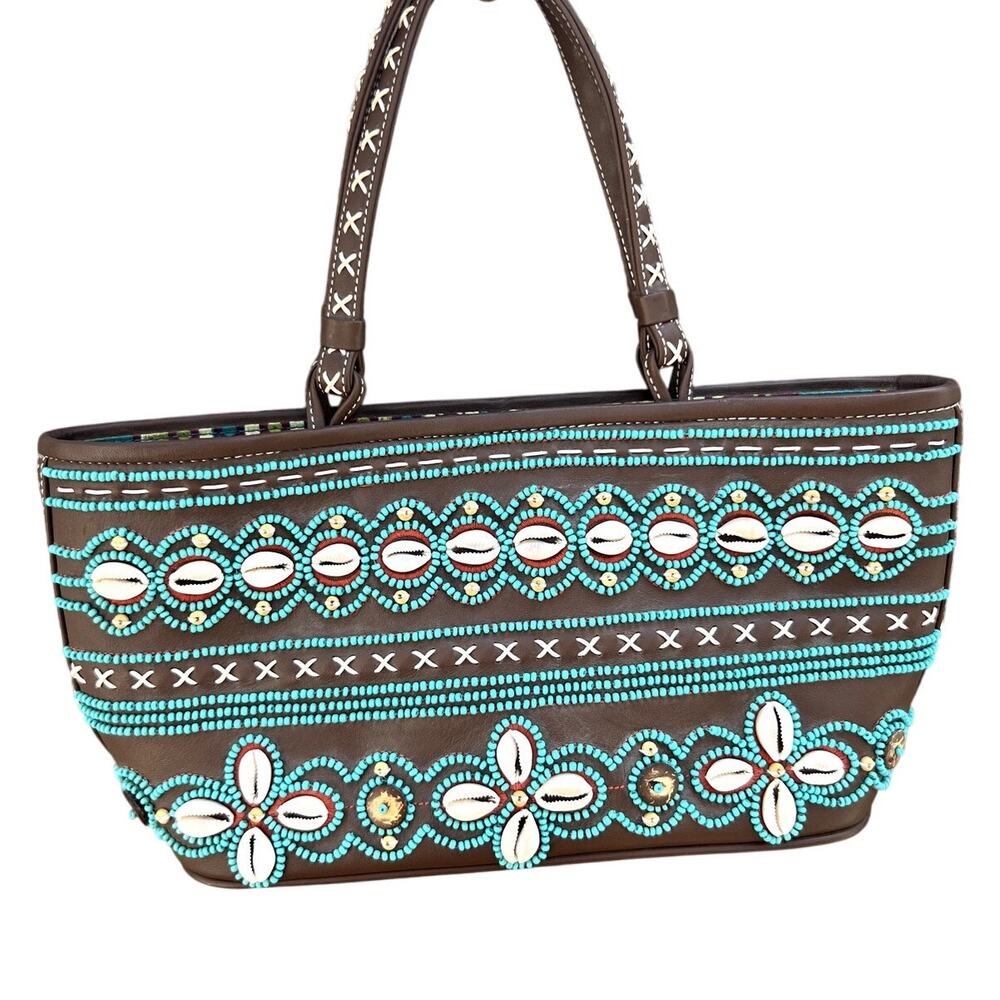 Isabella Fiore | Vintage Y2K Brown Leather Beaded & Cowrie Shell Tote Bag